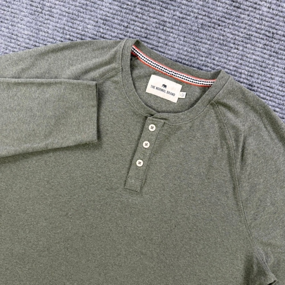 The‎ Normal Brand Mens Large Olive Green Long Sleeve Raglan Henley Shirt Casual